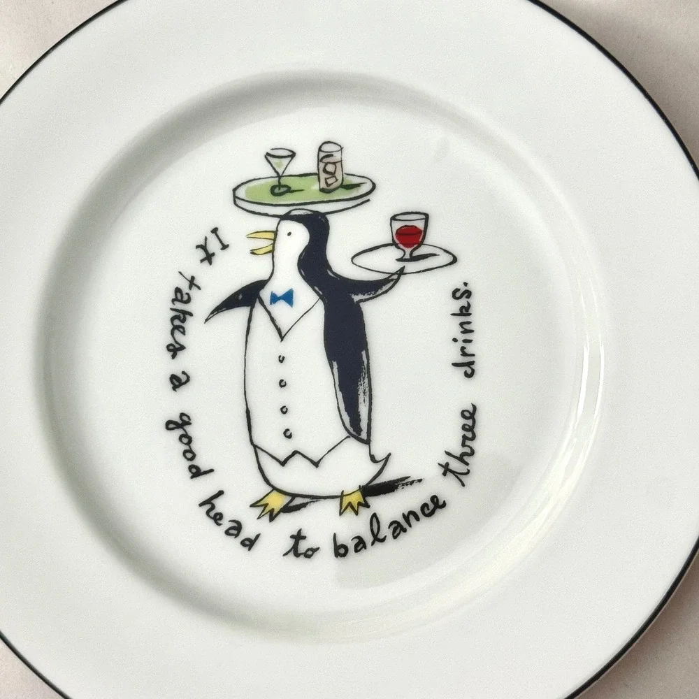 Vintage Pottery Barn Tipsy Penguins Plates Set of 7 Cocktail Dessert Japan